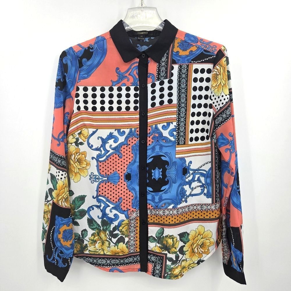 Chances R Button Up Down Shirt Womens Medium Patchwork Mixed Print  Art To Wear